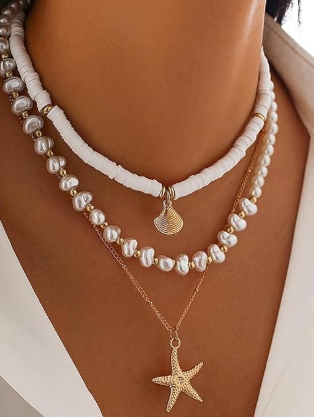 3Pc Layered White Pearl Heishi Bead Starfish Shell Choker Necklace Set Beach
